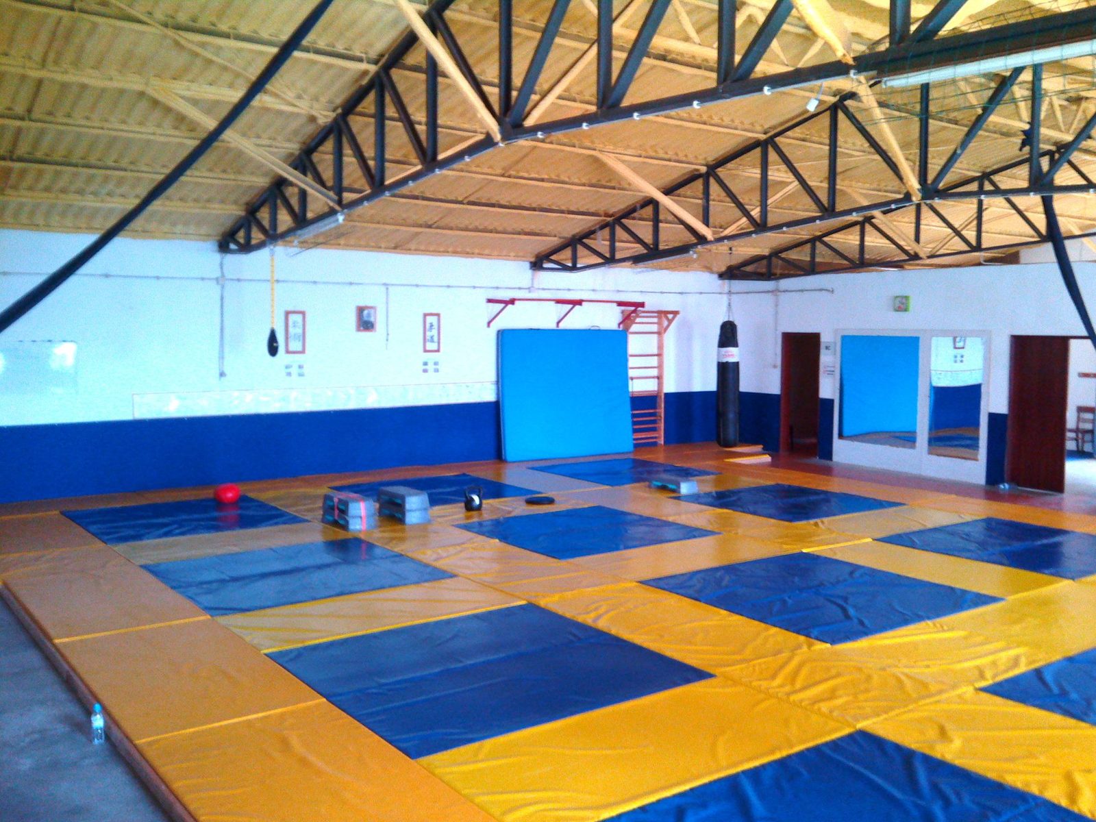 Un dojo vide aux tatamis bleus et jaunes, sous une charpente métallique