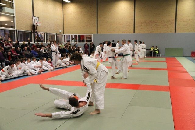 Démonstration de techniques de défense sur les tatamis d'un dojo