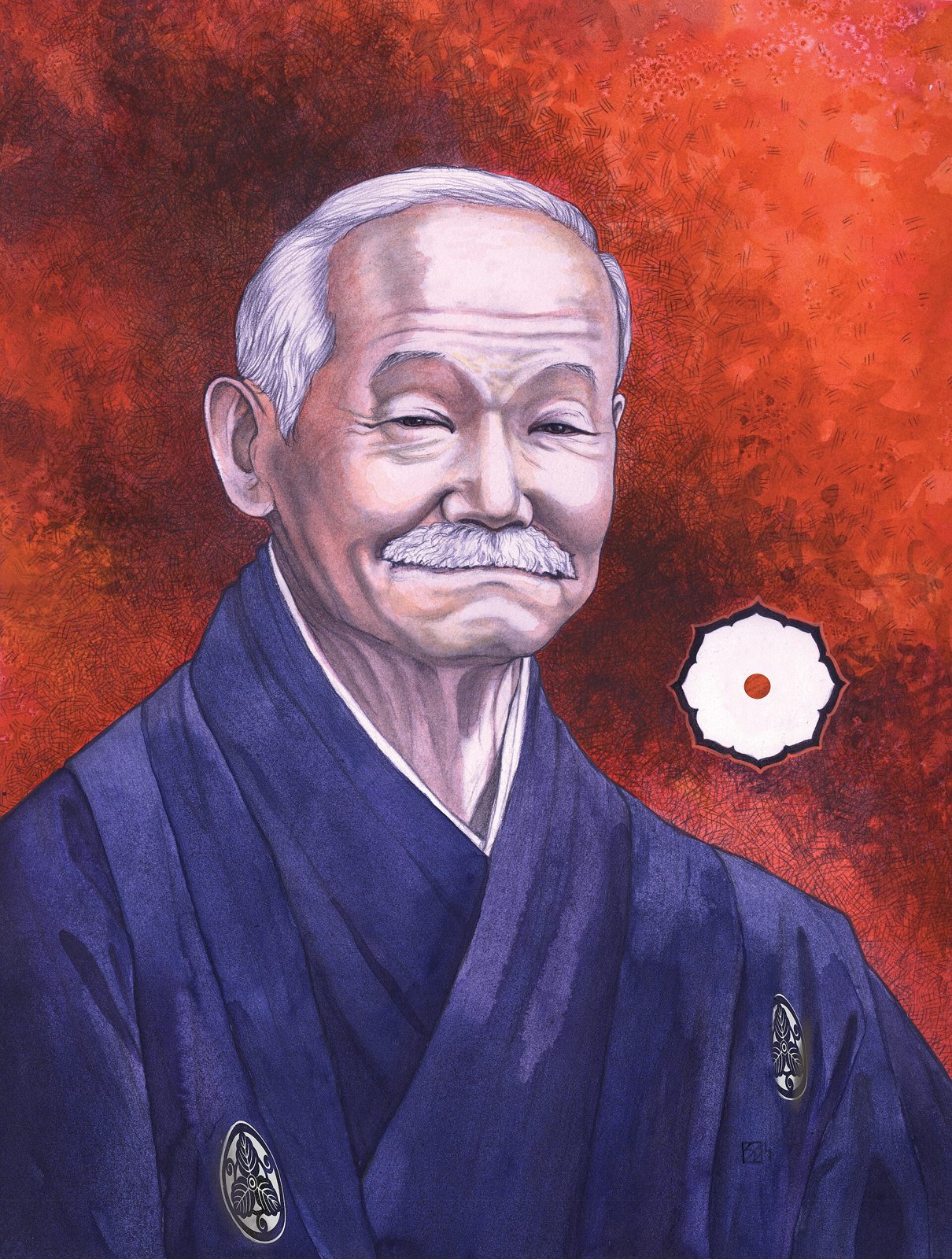 Portrait peint de Jigorō Kanō âgé, en kimono bleu, sur fond rouge