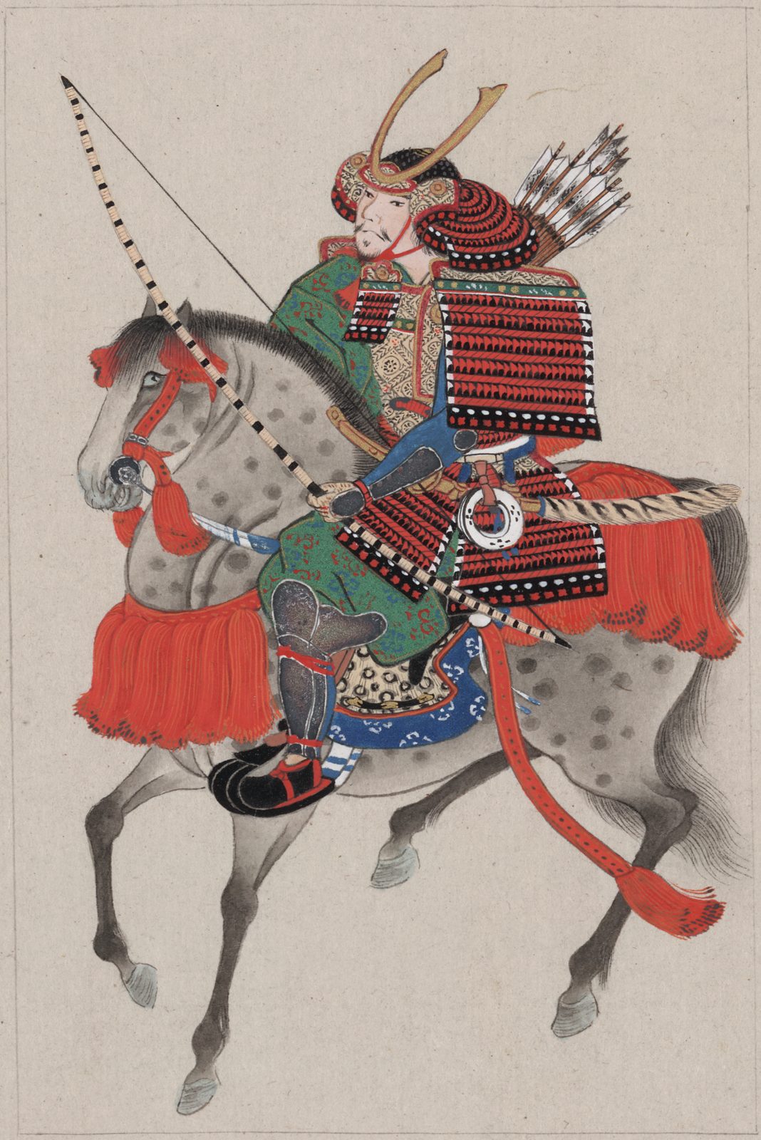 Estampe japonaise : un samouraï en armure rouge, arc à la main, sur un cheval gris